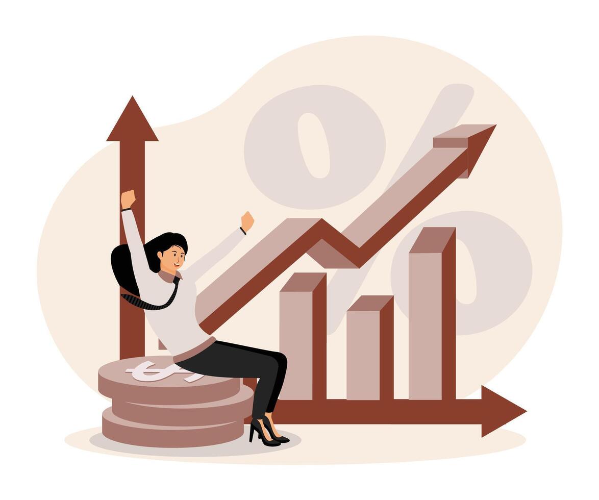 Stock market movement concept. Curved arrow of money rising trend Interest percentage increase, deposit. vector