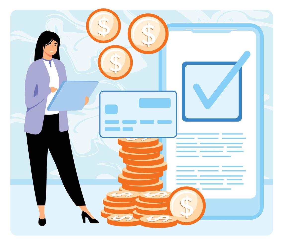 Bank transfer. Girl gets the money on her bank account. vector