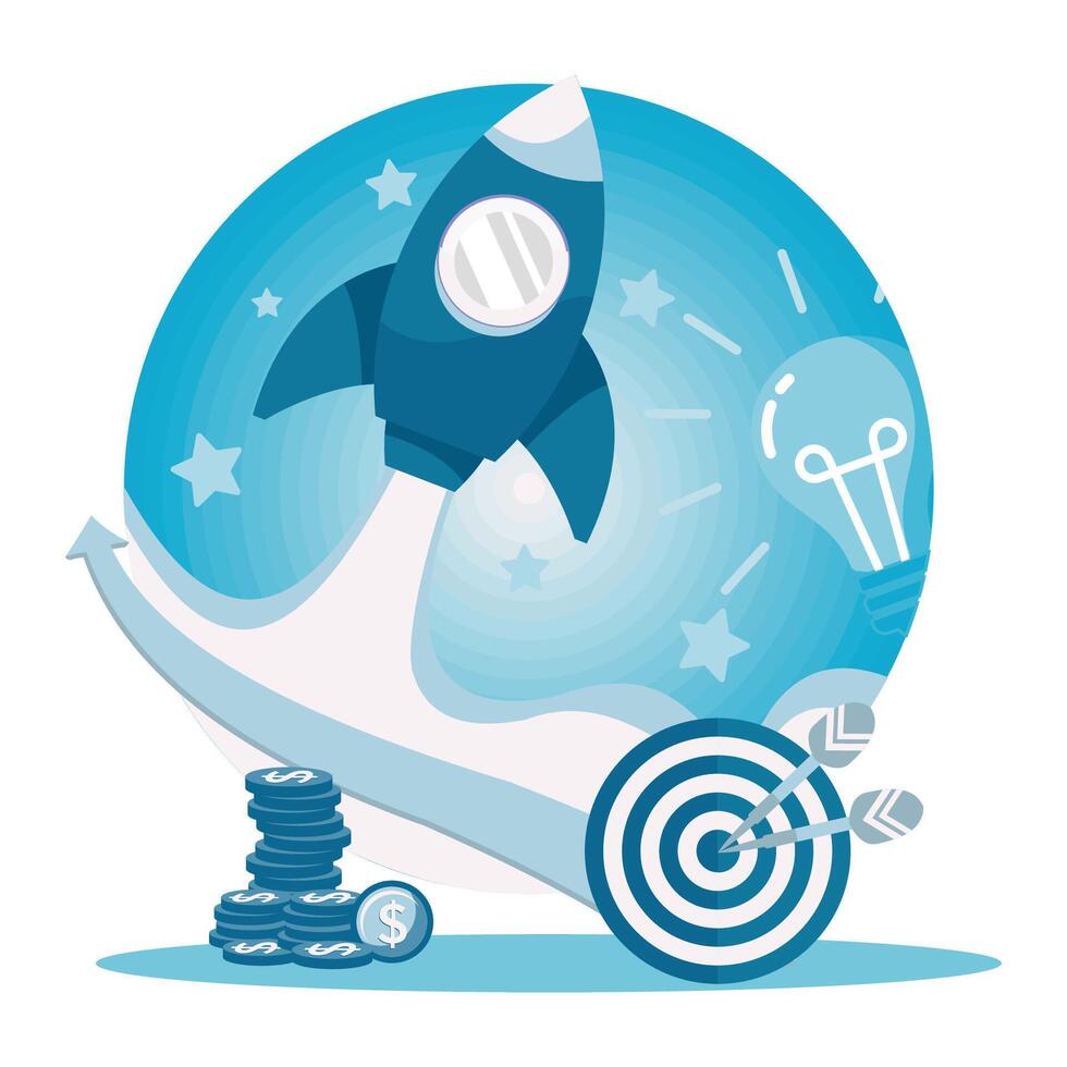 Start up Rocket Launch Concept with Financial Growth and Goal Achievement Symbols. vector