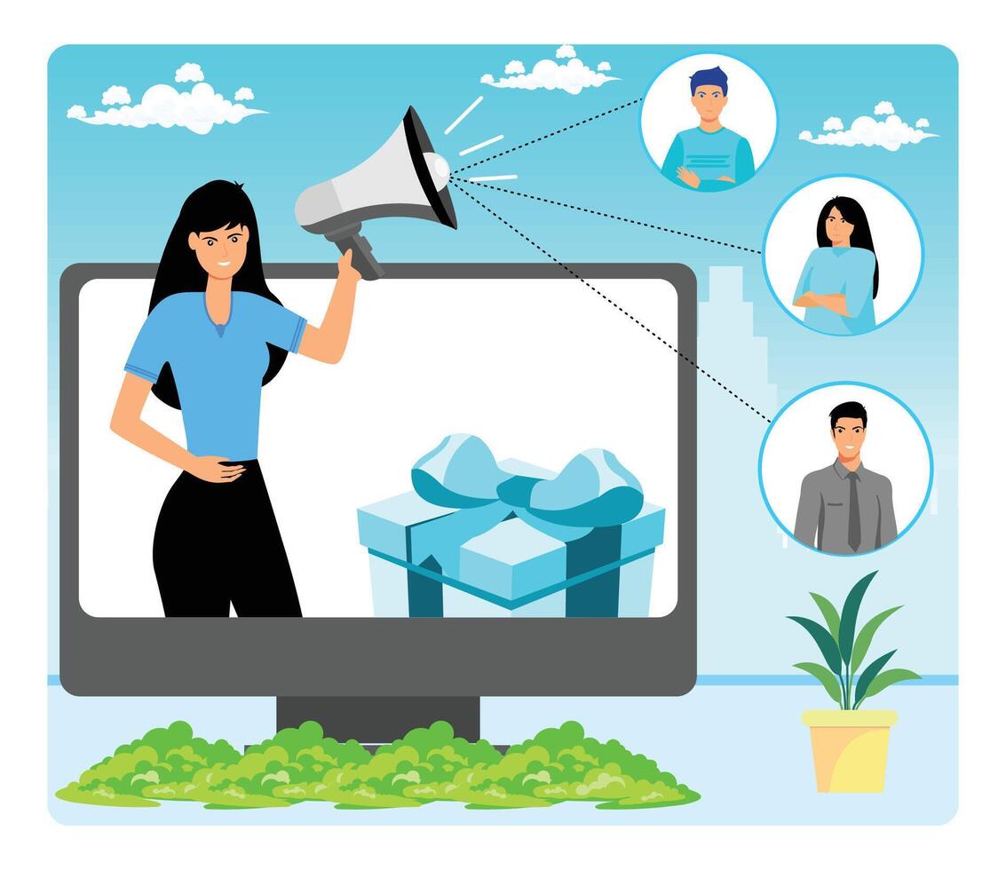 Digital Marketing Concept With Woman Announcing Gift Promotions On Screen. vector