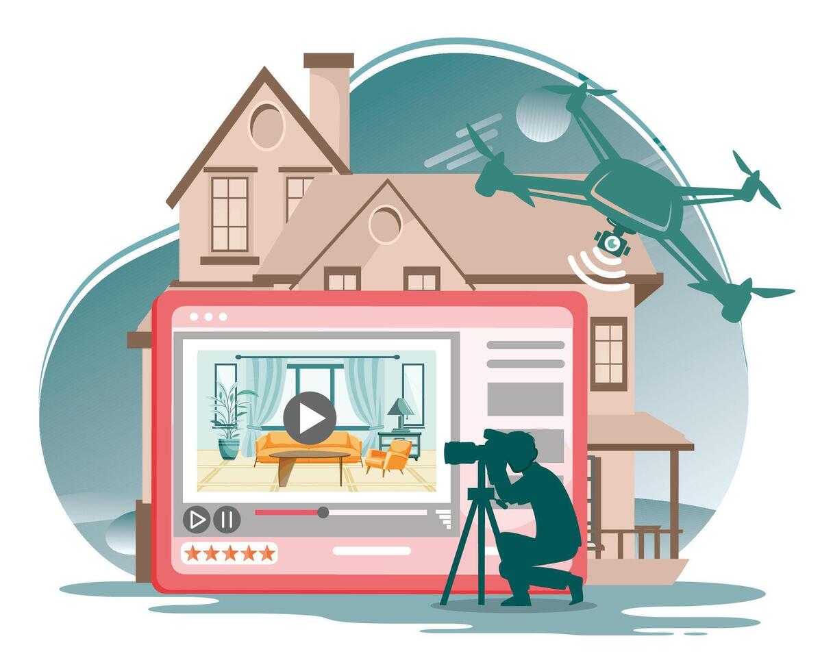 Real estate tour. Modern Real Estate Marketing with Professional Photography and Aerial Drone Recording. vector