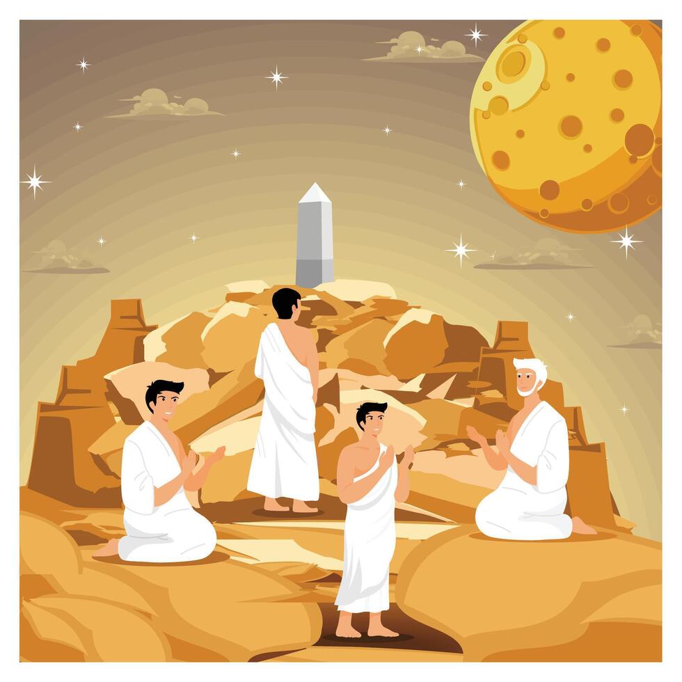 Group Meditation in Ancient Setting With Moon and Monolith Under Starry Sky. vector
