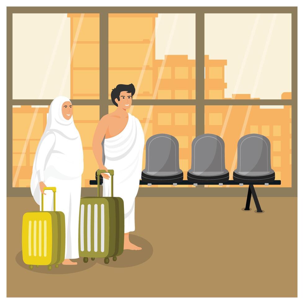 A Muslim Couple of pilgrims wearing ihram clothes with a suitcase just arrived at the airport in Mecca. vector