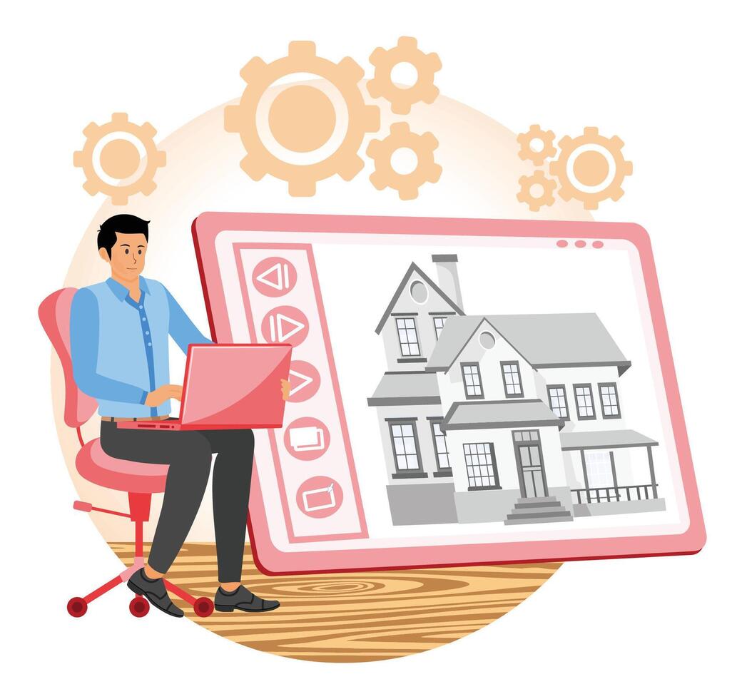 Real estate tour concept. Architect Designing a House Using laptop Software. vector