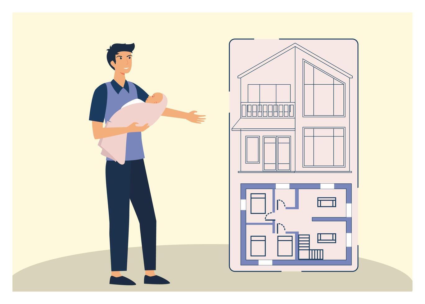 Family concept Father Holding Newborn While Viewing Modern House and Architectural Floor Plan. vector