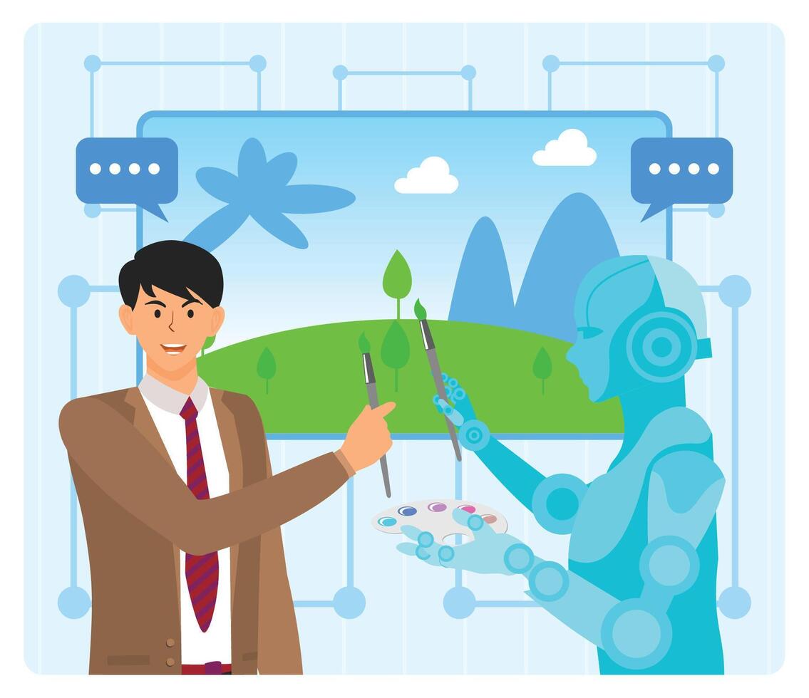 AI robot creating artwork. Man Collaborating with Robot on Digital Interactive Painting Project. vector