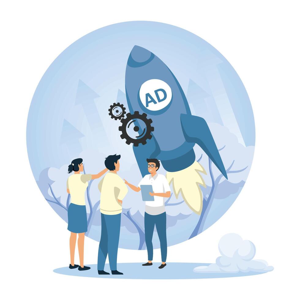 Launch Advertising concept. Marketers celebrate the kickoff of a dynamic ad campaign. vector