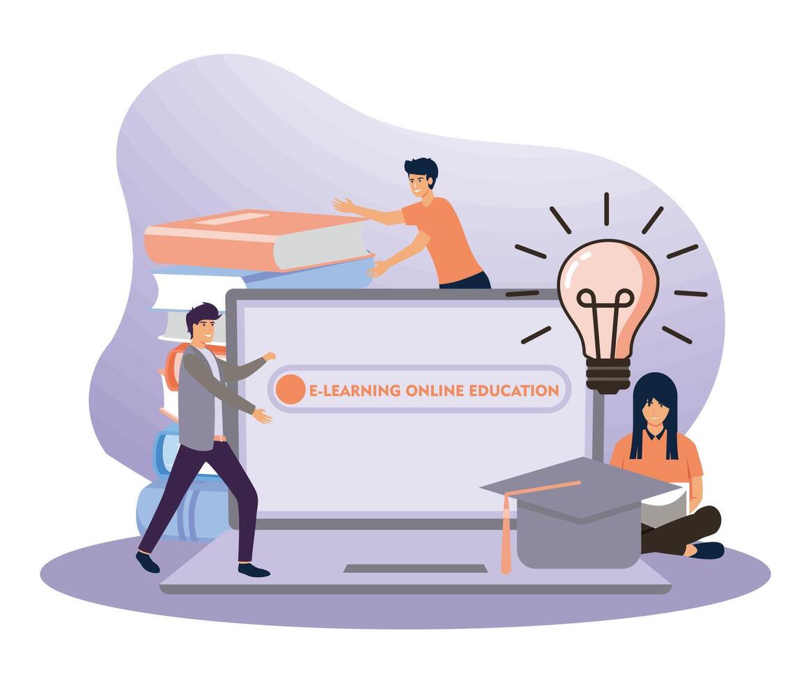 E-Learning Concept With Students Engaged in Online Education on a Laptop. vector