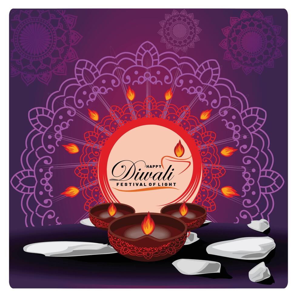 Happy Diwali greetings rangoli decoration with Lit Diyas and Decorative Mandala. vector