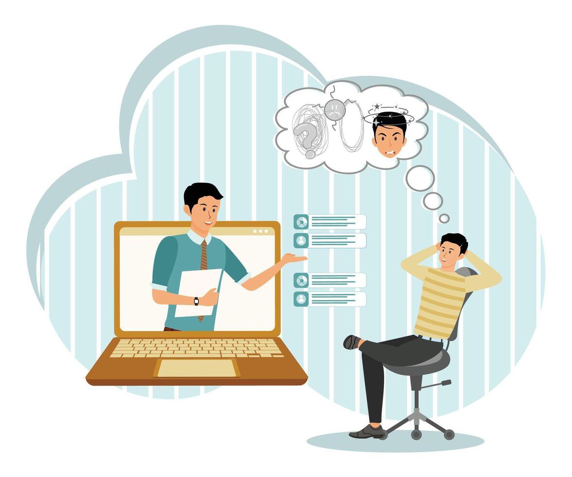 Online consultation mental health concept featuring two people communicating via laptop. vector