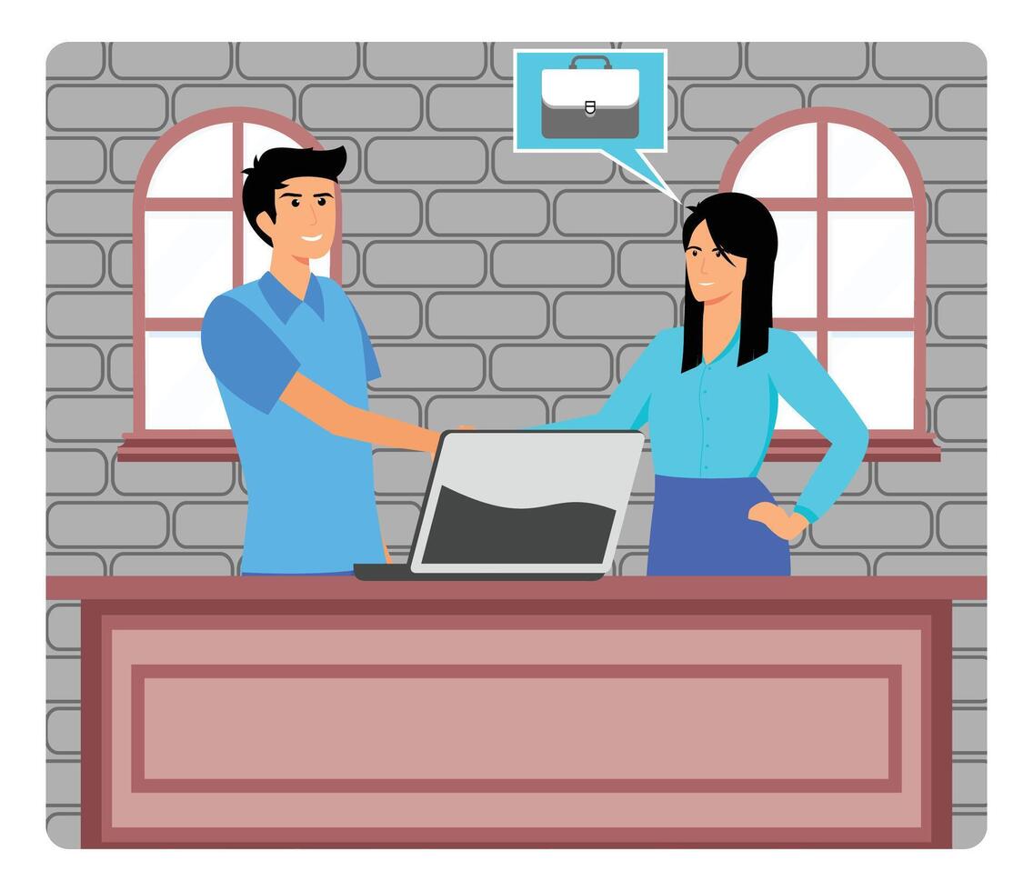 Happy woman accepted to work. Agreement in the Office Between Two Coworkers in a Brick Walled Workspace. vector