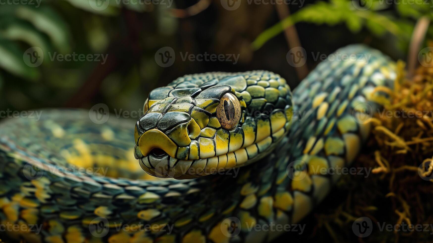 Close Up of a Vibrant Green and Yellow Snake in a Natural Habitat photo