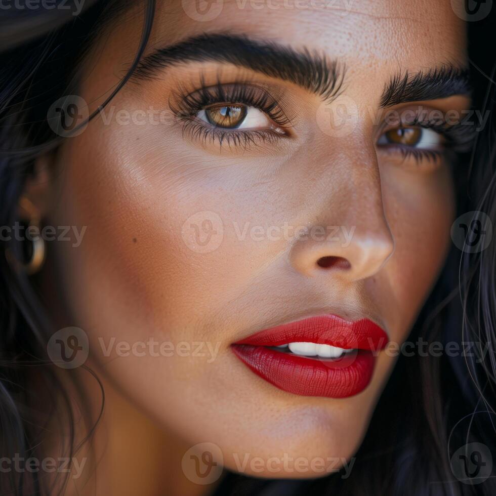 Close up portrait of a fashion model with bold eyebrows and red lipstick photo