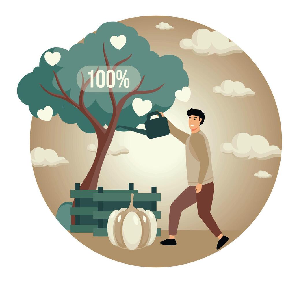 Representing Growth. Man Watering Tree and Care in Nature with Positive Energy. vector