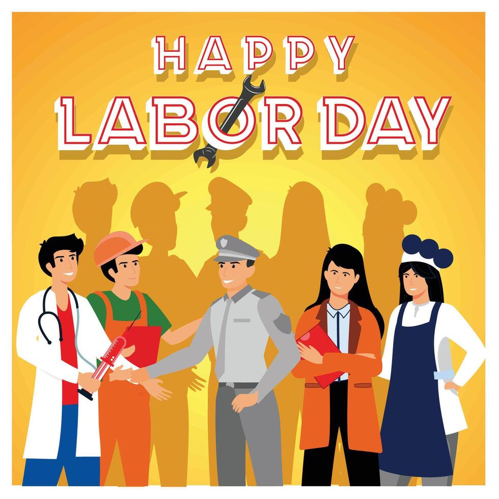 Labor day banner. Modern design. People of different professions together. vector