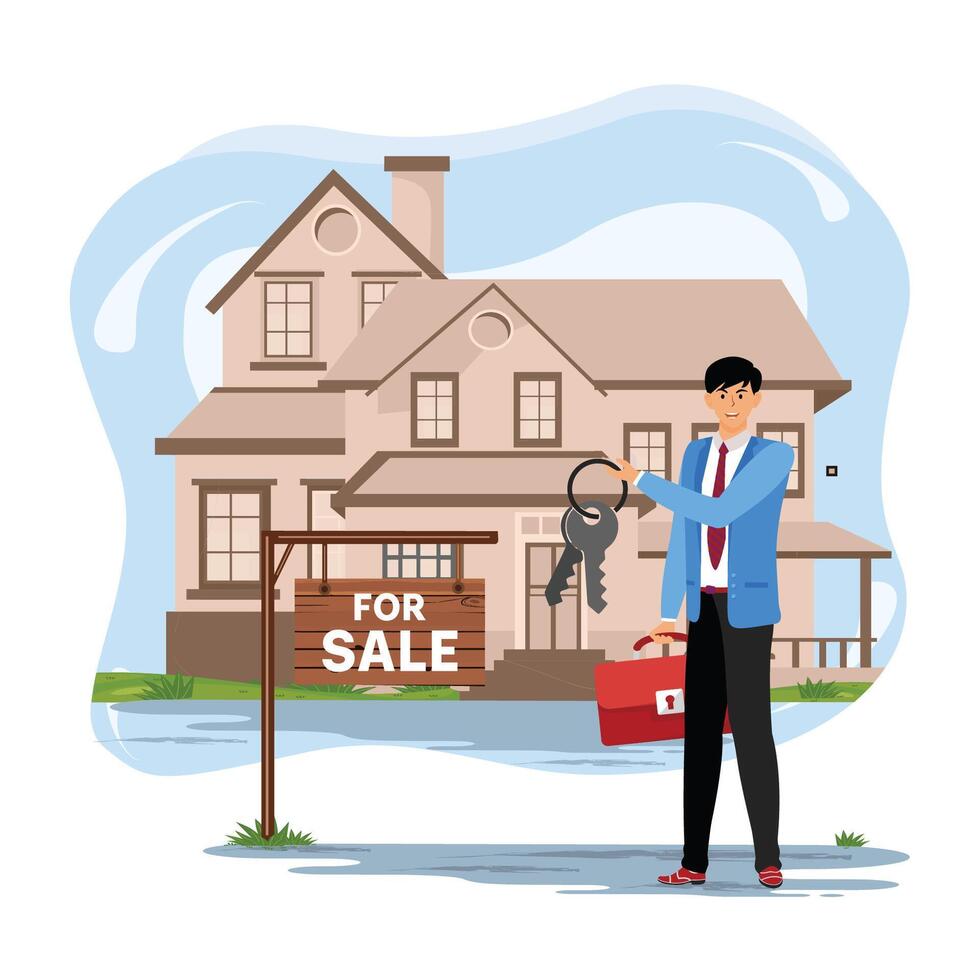 Assets and Liabilities Concept. Real Estate Agent Holding House Keys in Front of a Property For Sale. vector