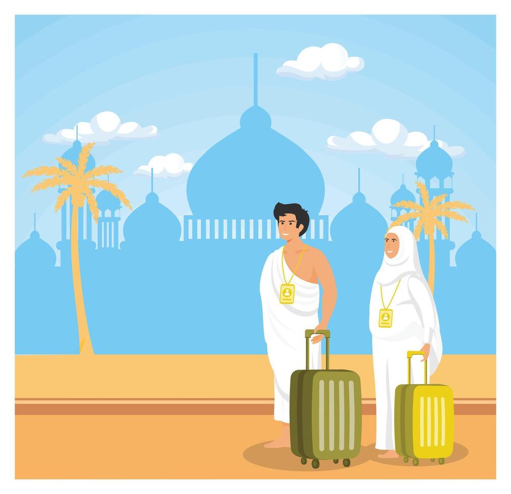 A Muslim family congregation wearing ihram clothes with suitcases has just arrived in Mecca. vector