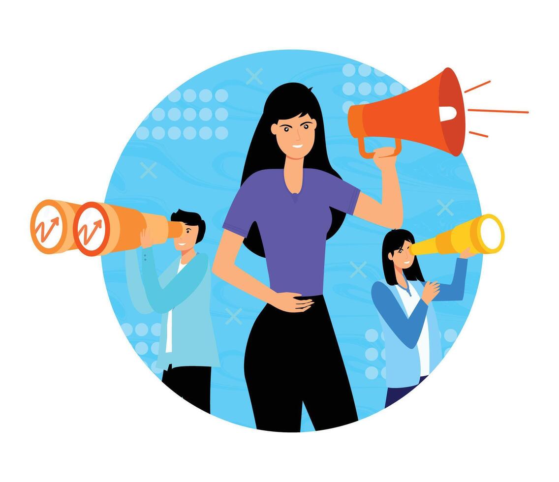 Job and candidate search. Man with binoculars, woman with loudspeaker and spyglass. vector