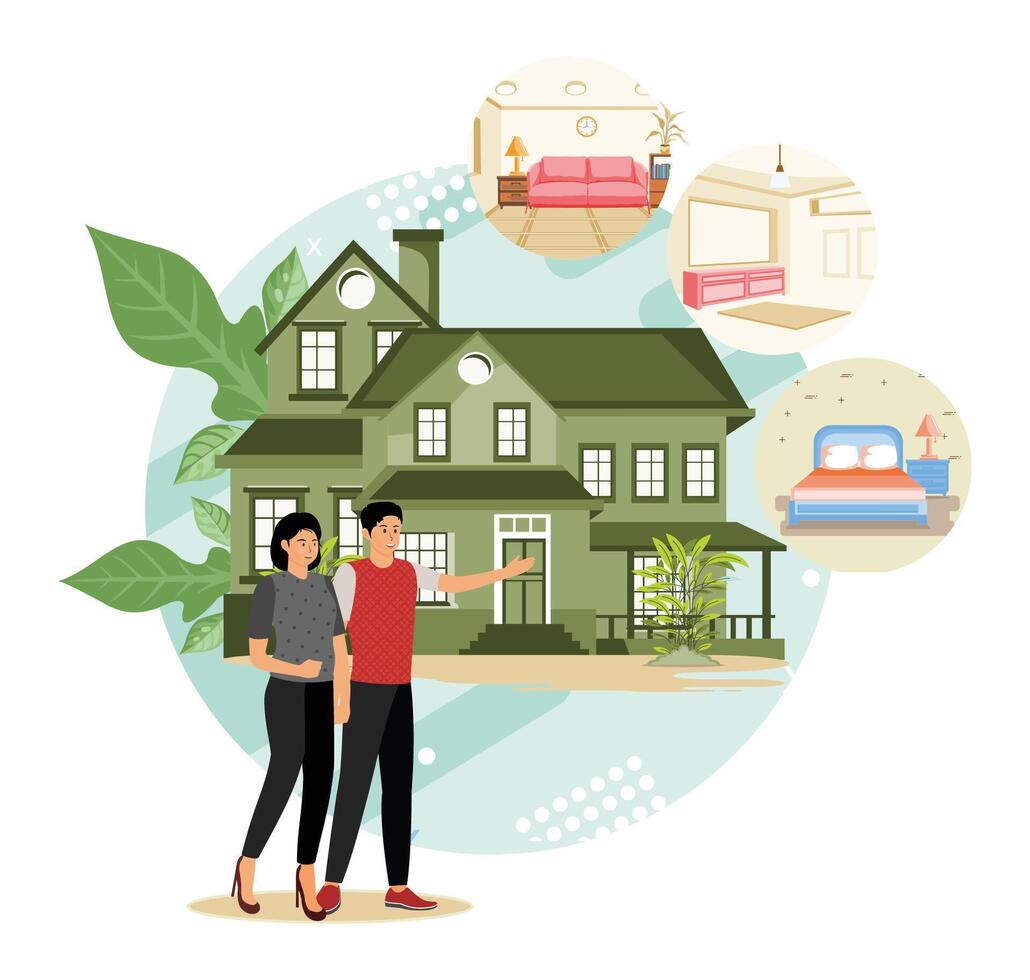 Real estate photography. Couple Viewing Modern House with Interior Design. vector