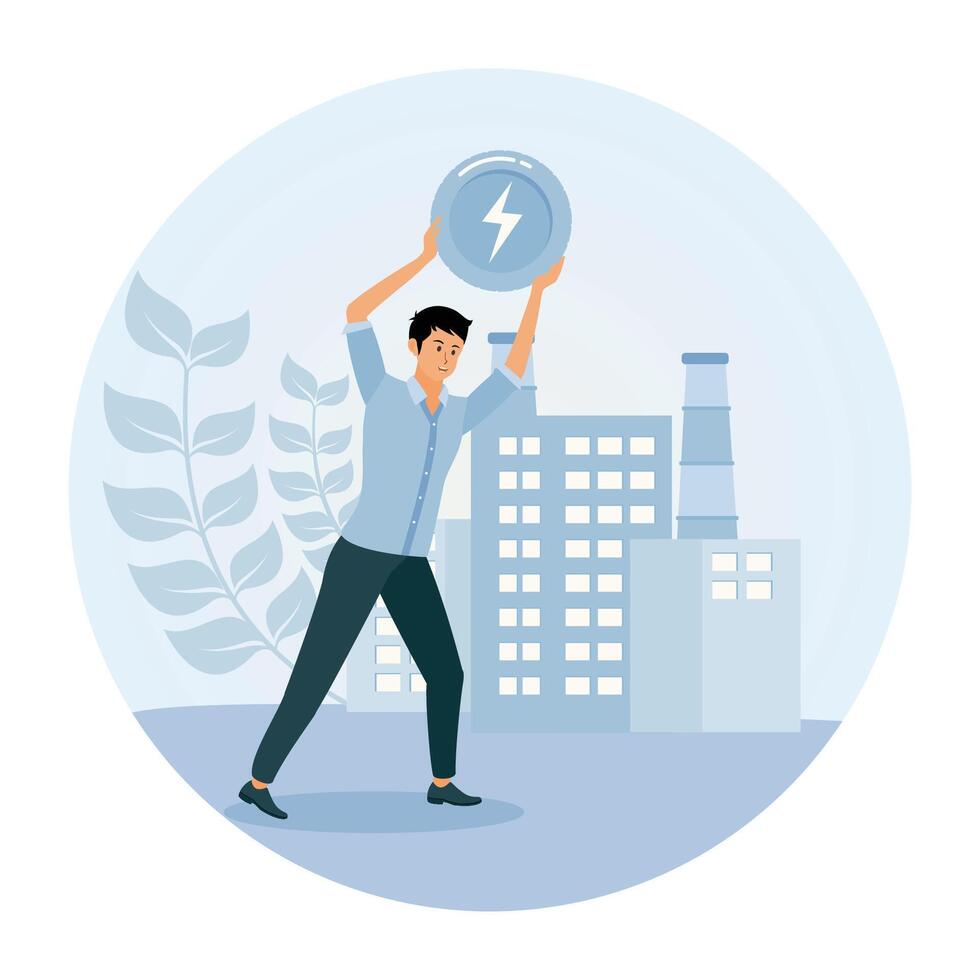 Renewable energy sources. Man Holding Energy With Plants and Industrial Buildings. vector