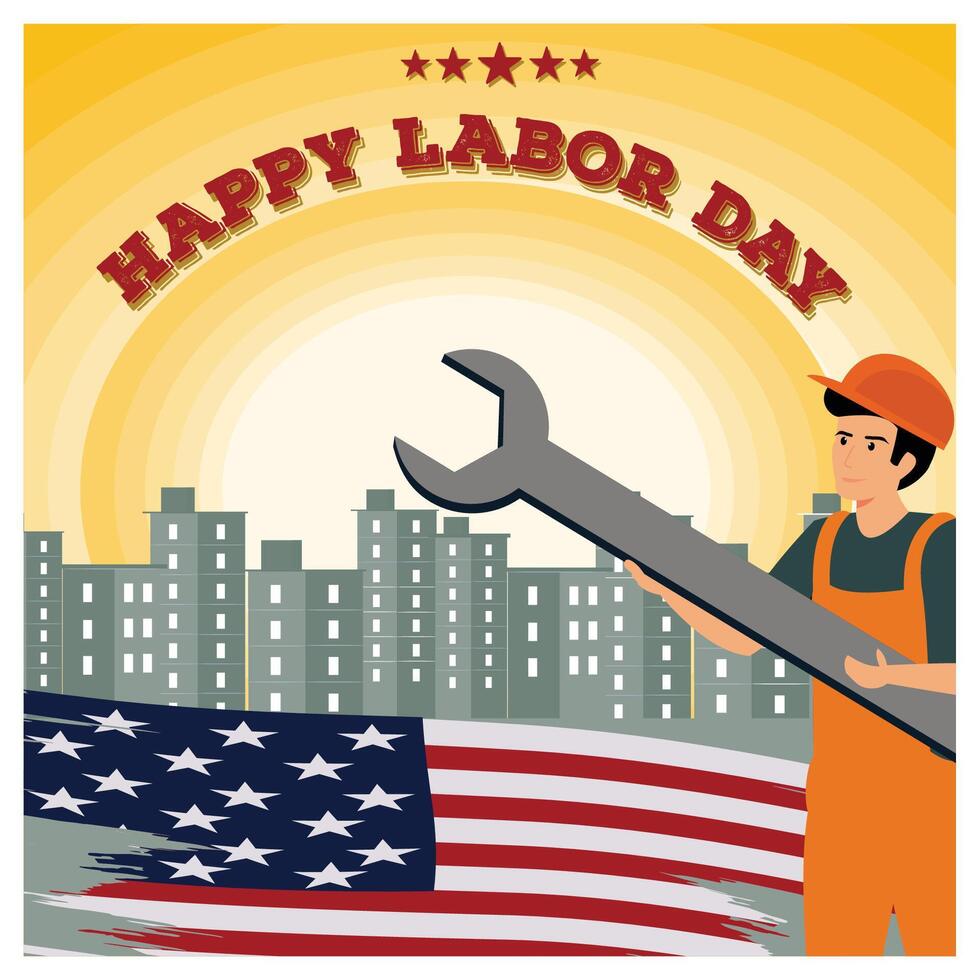 Happy Labor Day Celebration with Worker Holding Wrench. vector