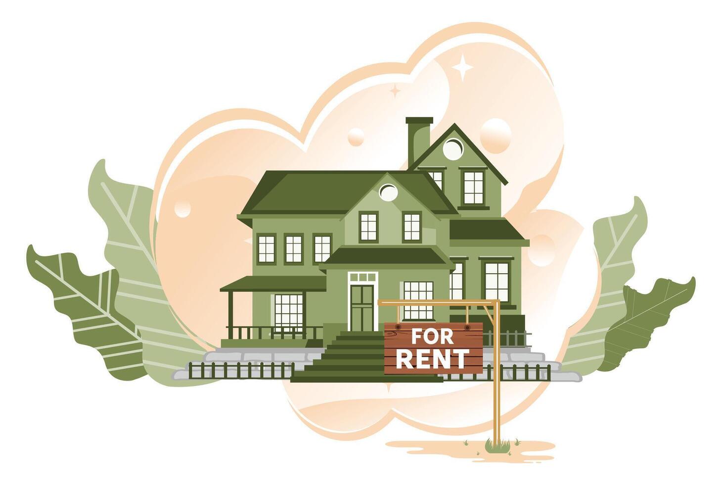 House for rent concept. A Residential House with a For Rent Sign. vector