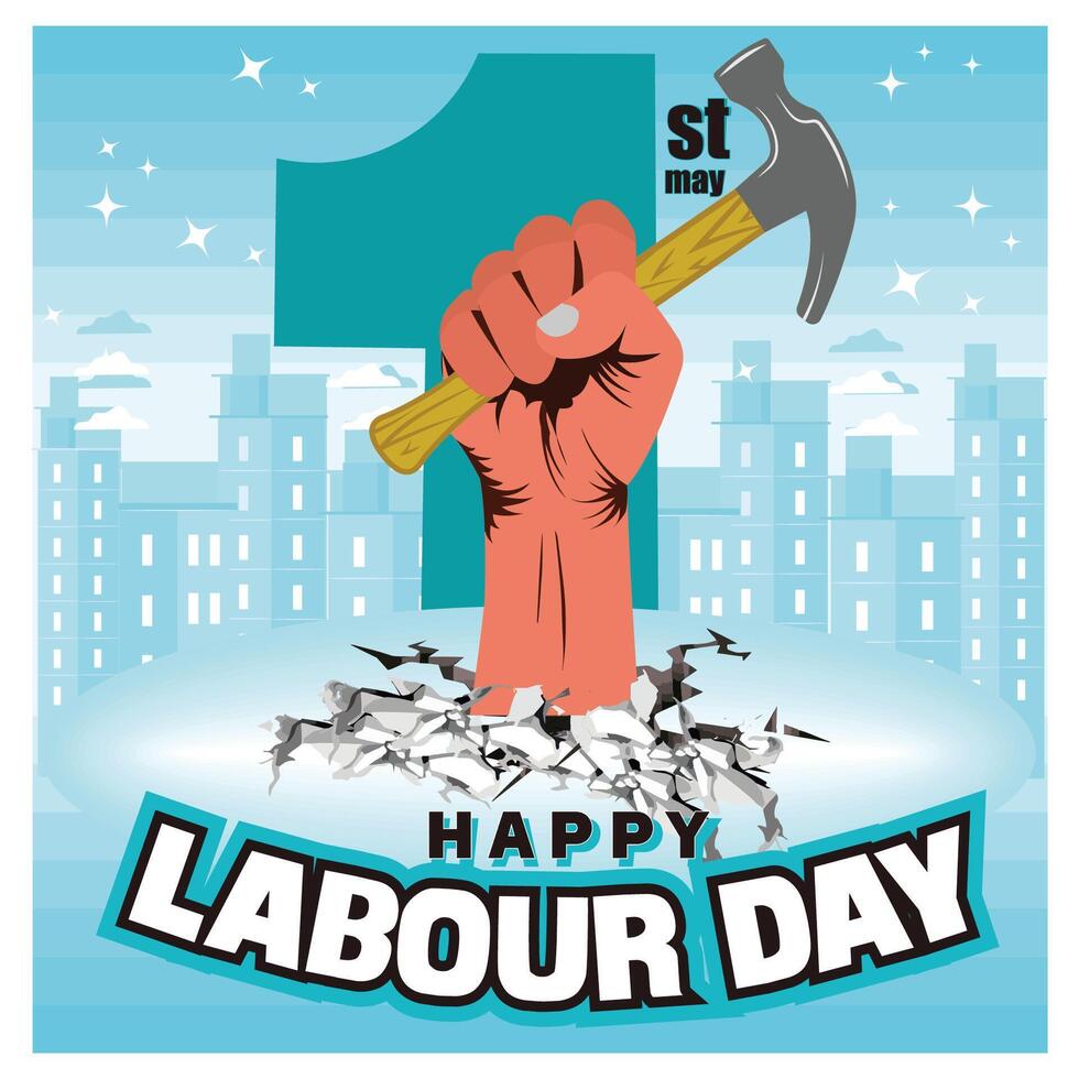 Happy Labor Day Celebration Banner with Raised Hand Holding a Hammer. vector