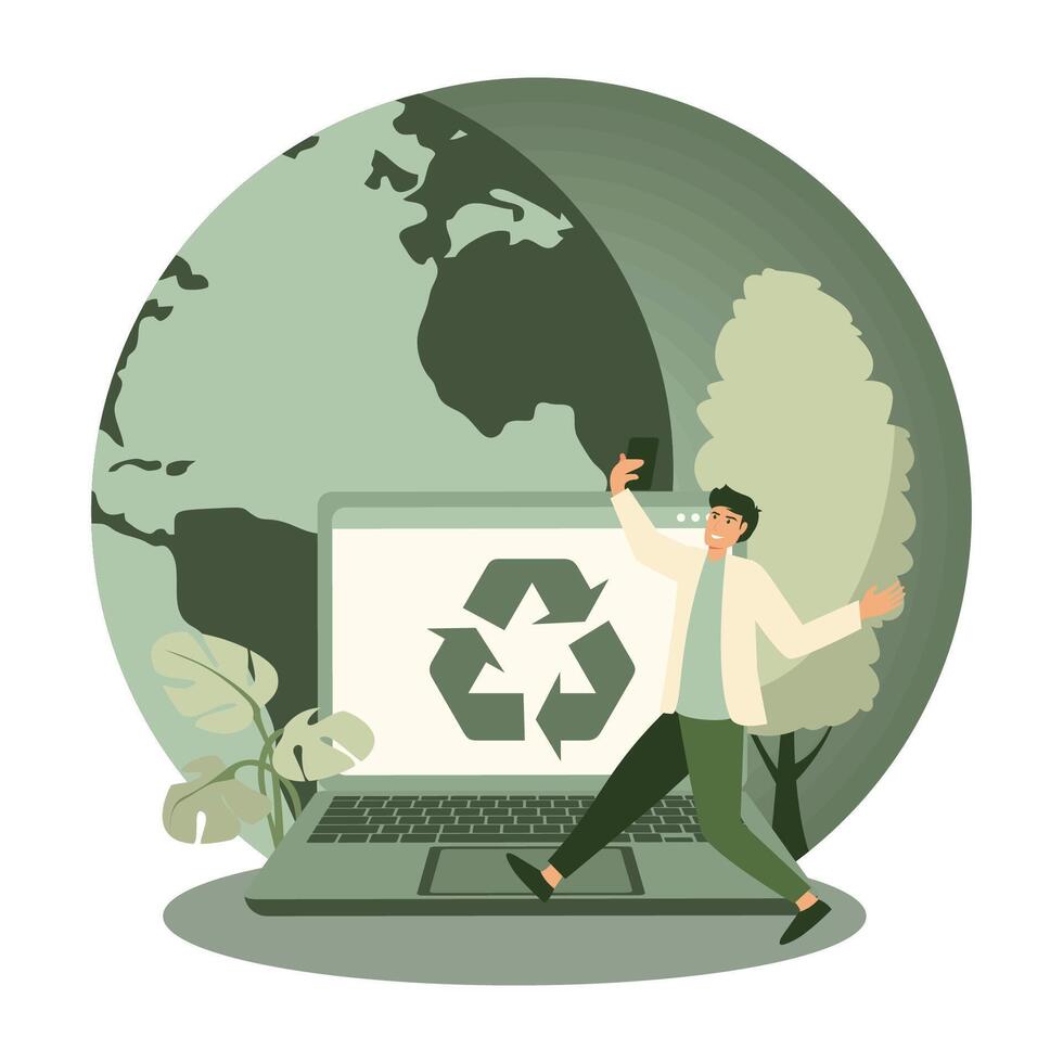 Sustainable Technology Concept Featuring Recycling Symbol on Laptop With Nature Elements. vector