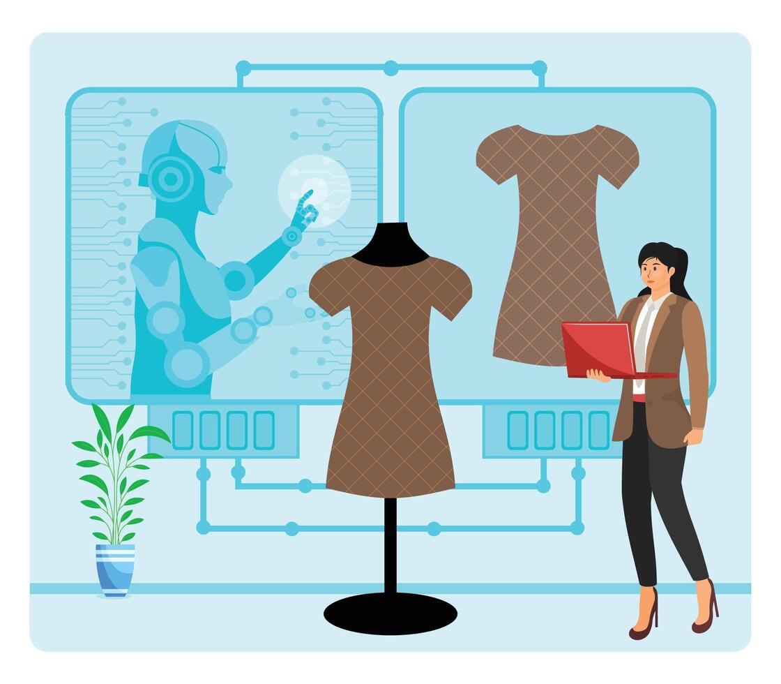 AI Enhanced Fashion Design concept. Digital Designer Collaborating on Fashion with AI Technology. vector