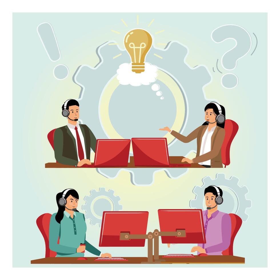 Customer support operators. Call Center Team Collaborating with Headsets and Computers. vector