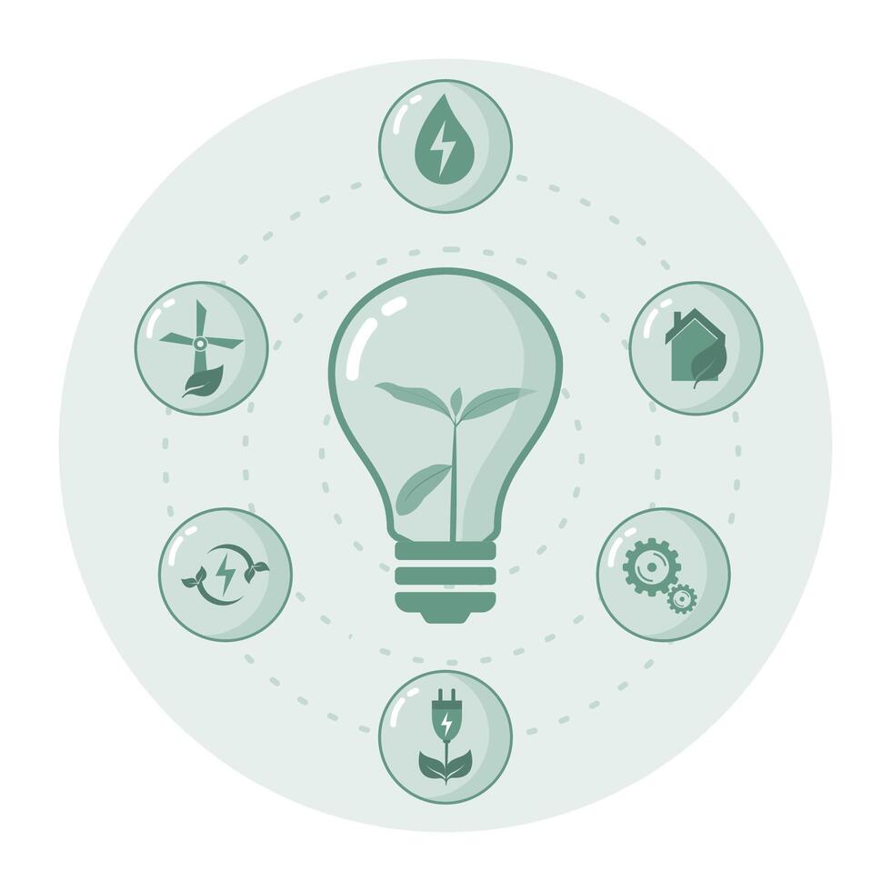 Renewable energy sources and green electricity concept with Light bulb and Renewable Energy. vector