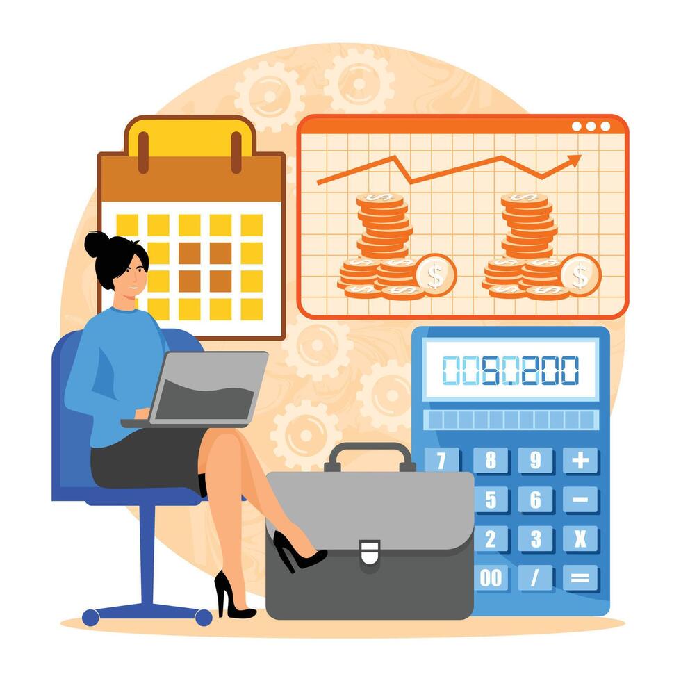 Budget planning concept With Woman, Laptop, Calculator, Coins, and Calendar. vector