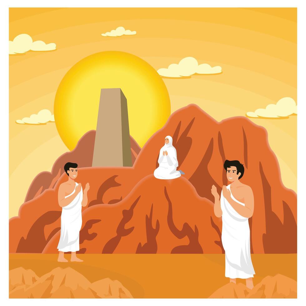 Islamic Pilgrimage with Hajj Muslim doing Wukuf mean praying or remaining silent at Arafah. vector