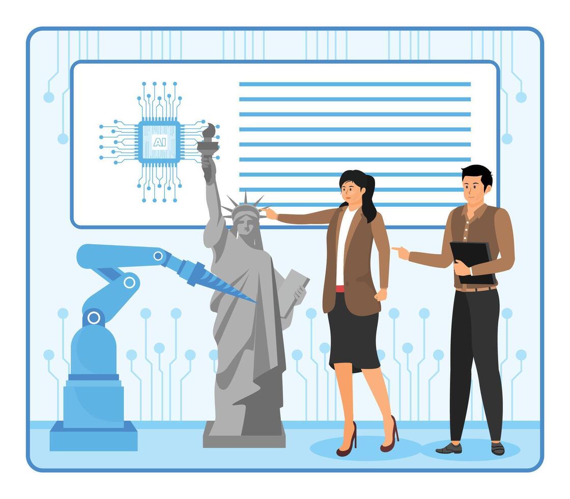 AI Analyze Art Restoration. Engineers Discussing Robotics and Artificial Intelligence with Statue Integration. vector
