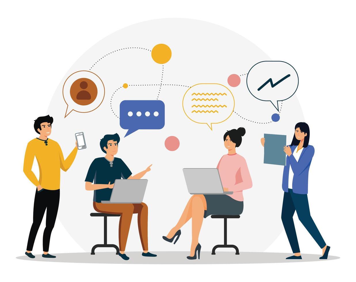 Men and women with laptops at remote work online business communication. vector