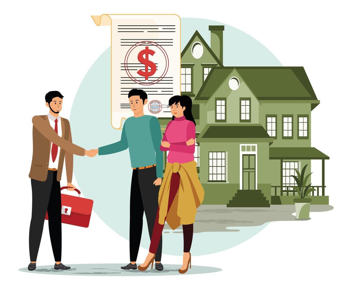 Acquiring mortgage concept. Real Estate Agent Shaking Hands With Couple Buying a New Home. vector