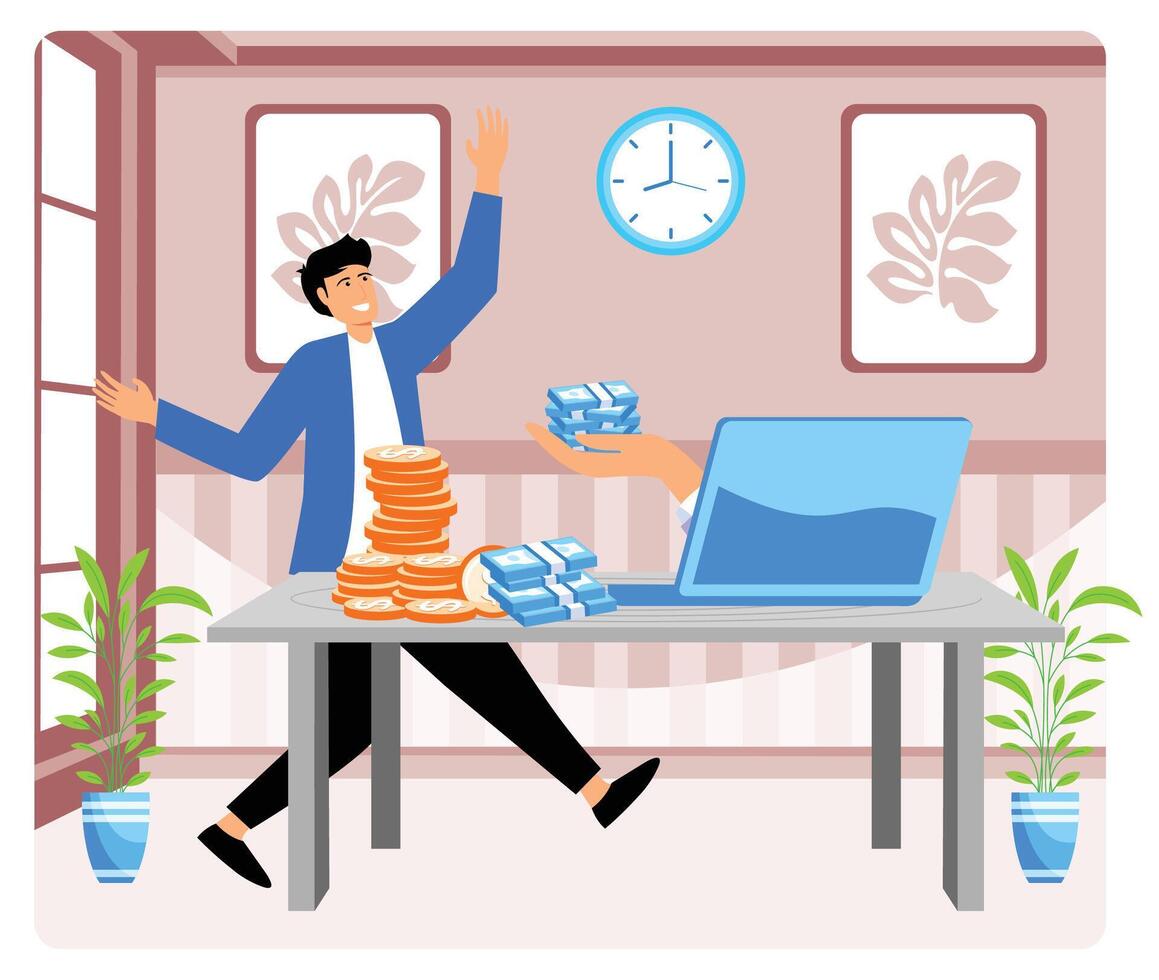 Bank account concept with men happy. vector