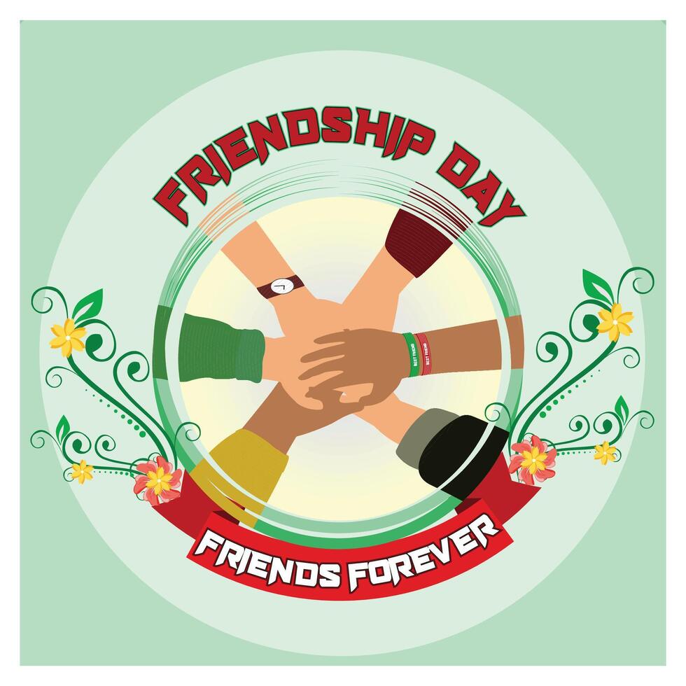 Happy Friendship Day banner, friends hold hands together in circle. vector