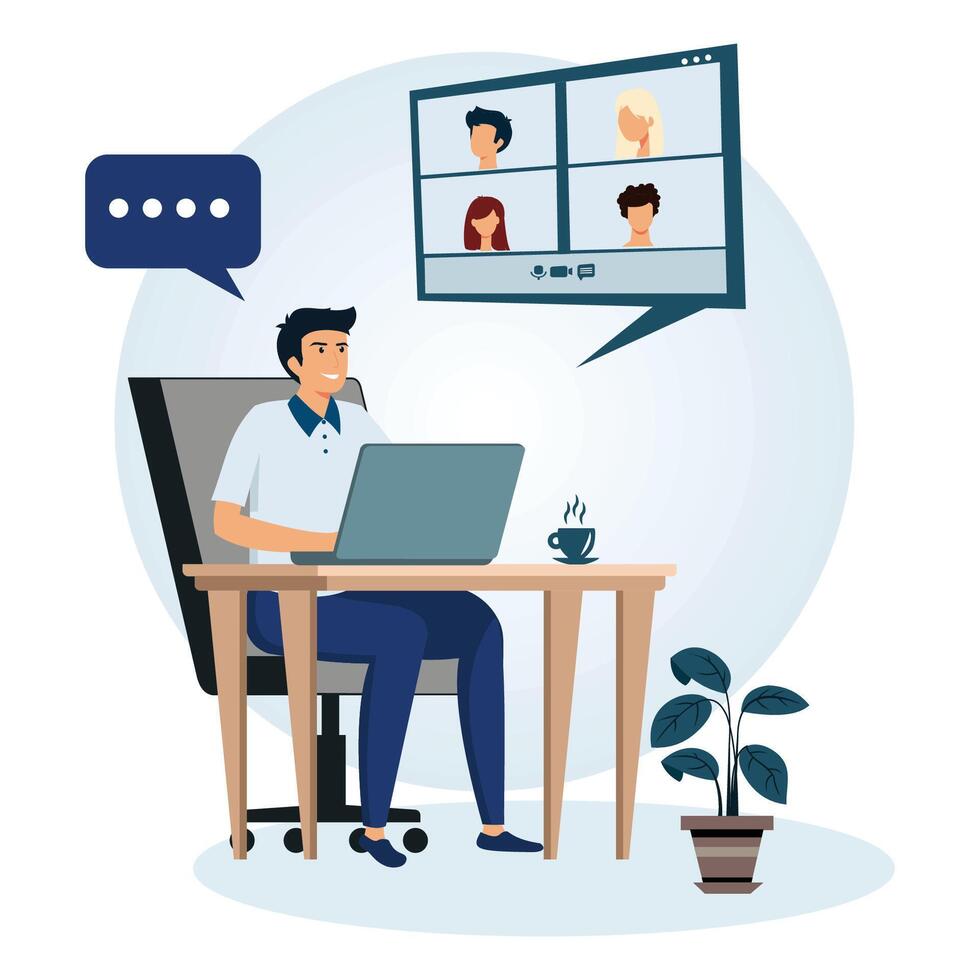 Happy young man talking to colleagues using a call. Concept of online conference from home. vector