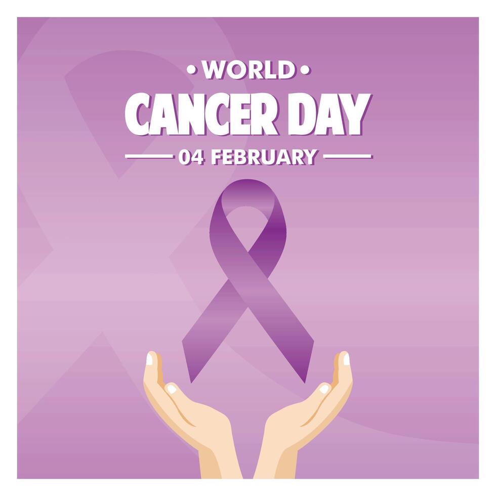 World Cancer Day Design with Purple Ribbon and Supporting Hands Symbol. vector