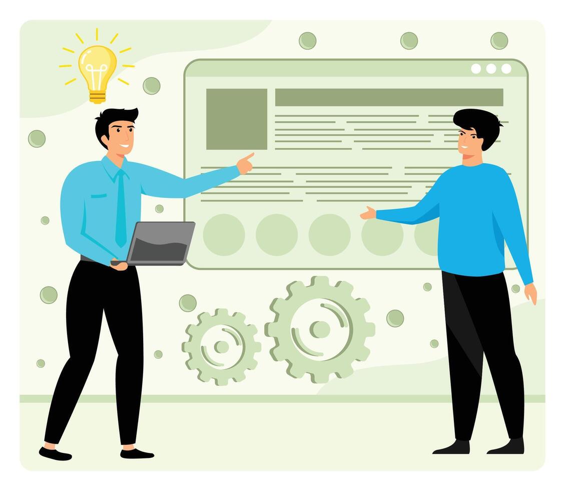 A team analytic brainstorming method. A creative team of people working on a project. vector