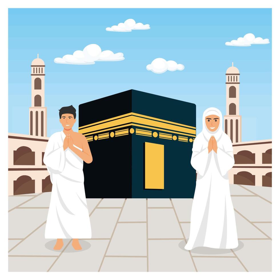 Muslim man and woman praying in front of Kaaba. vector