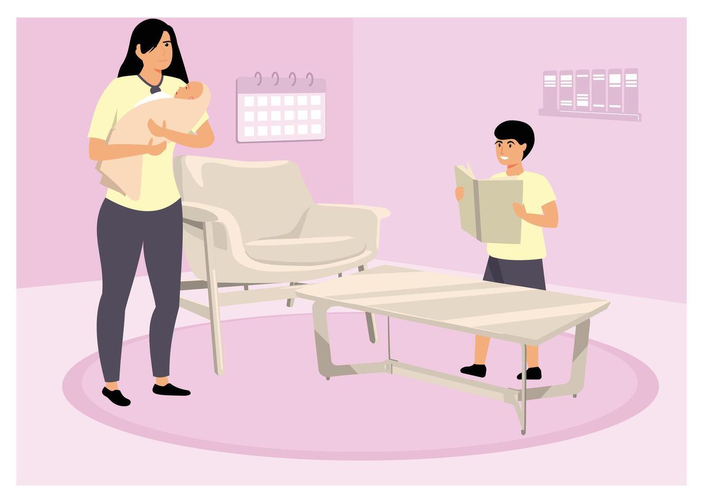 Mother with Baby and Child in Living Room Setting. vector