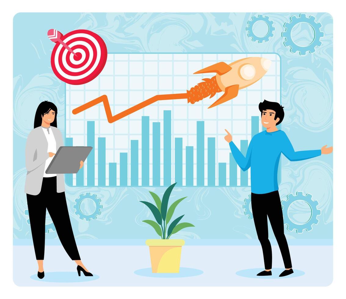 Launching advertising campaign. Showing Growth, Goals, and Team Collaboration. vector
