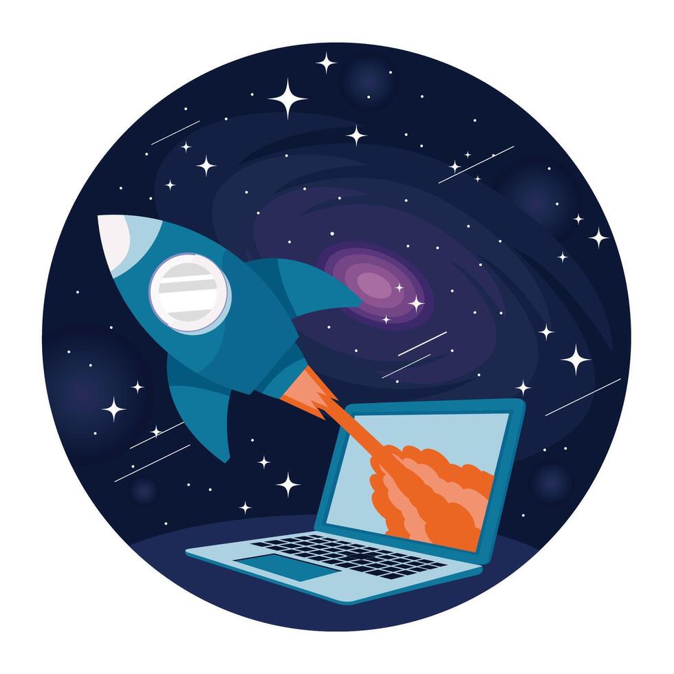 Technology and Innovation Concept. Close up of rocket flying out from a laptop screen. vector