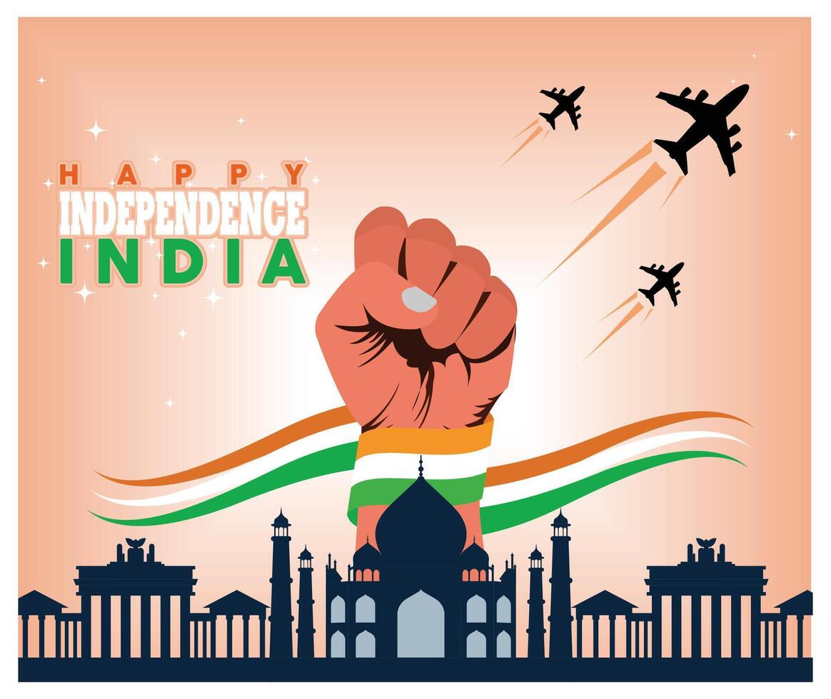 Indian Independence Celebration With clenched fists and National Symbols. vector