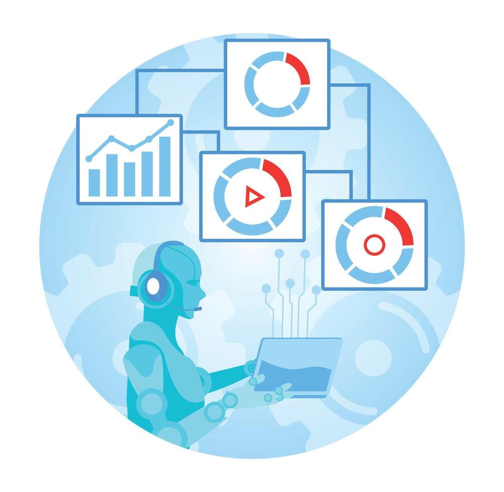 AI powered marketing tools. Artificial Intelligence Processing Digital Data with Analytical Charts and Graphs. vector