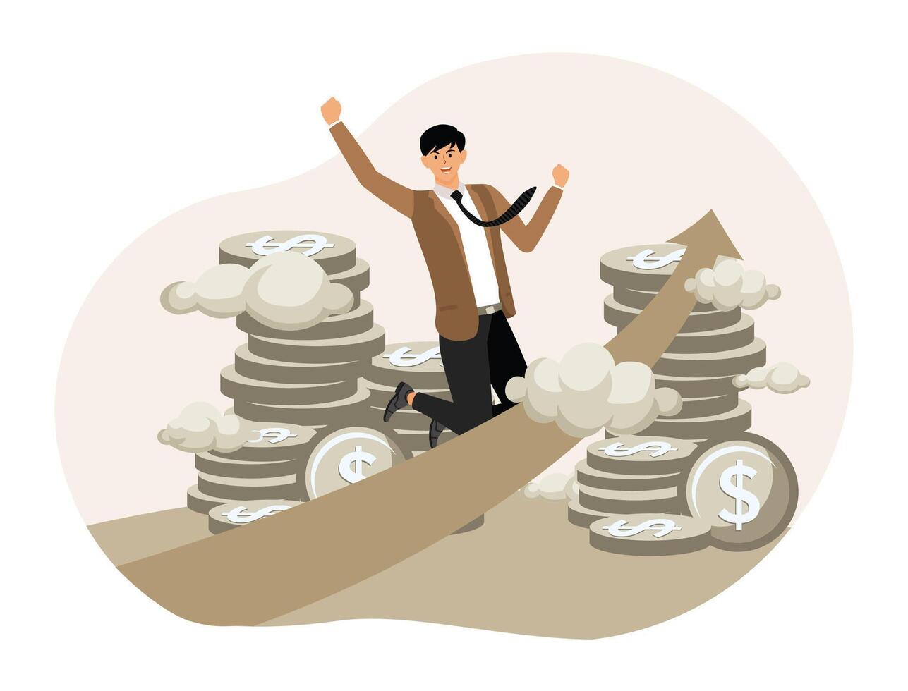 Wealth accumulation concept. Successful businessman wearing a flying suit in stacking money coins. vector