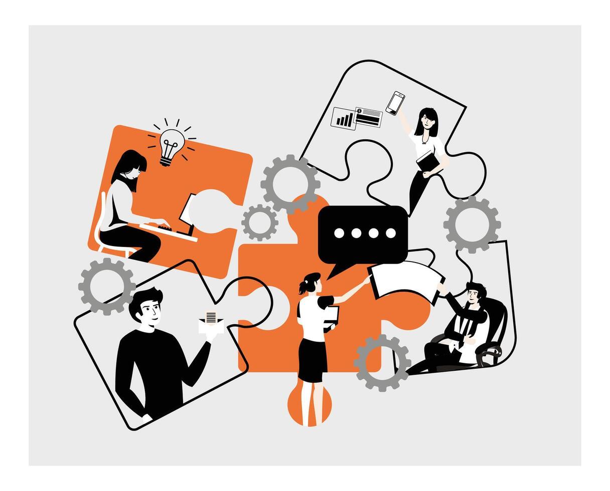 People connecting pieces of puzzles. Metaphor of cooperation and business partnership. vector