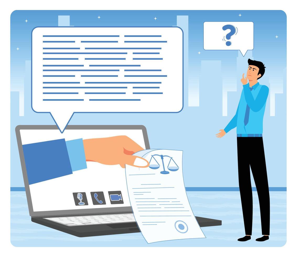 Online legal advice. Big laptop, justice and law application. vector